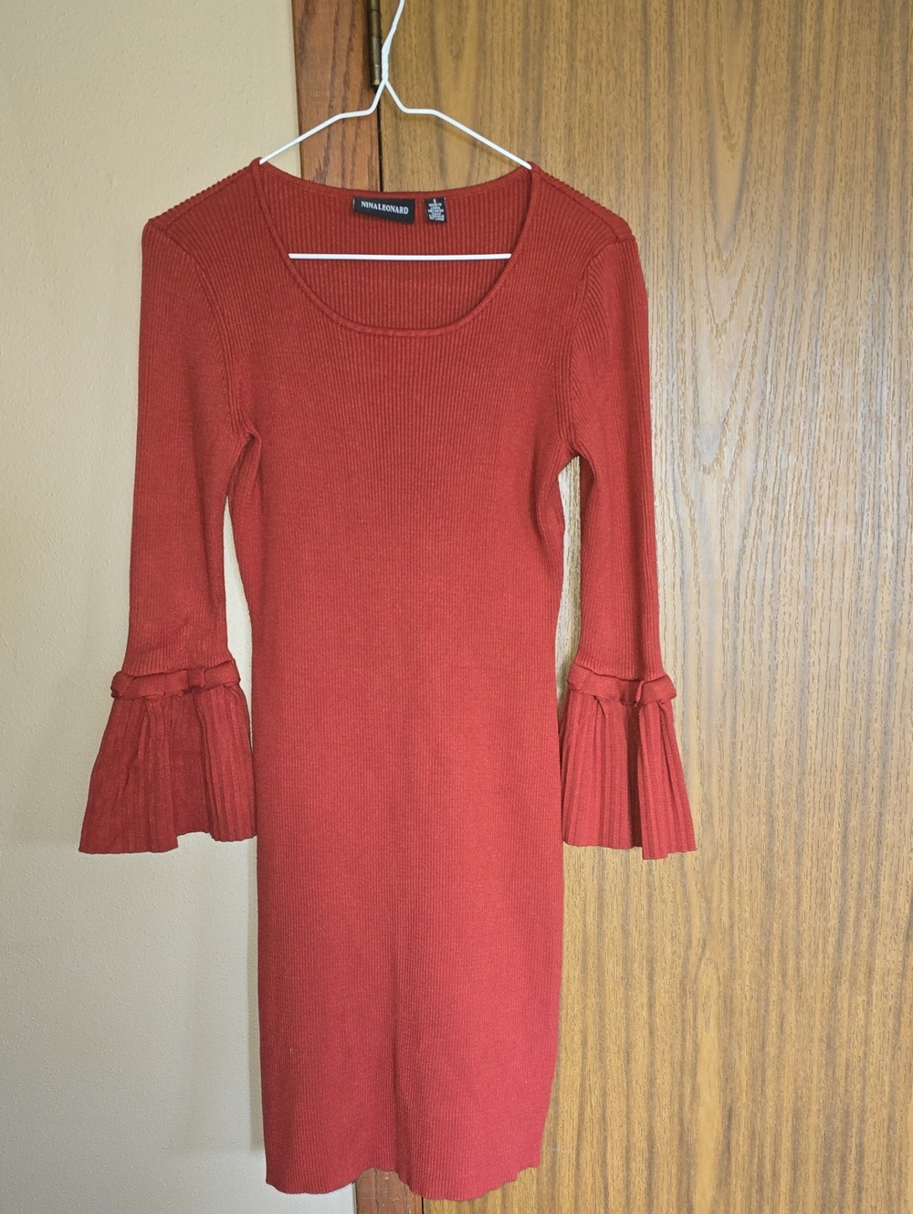 Nina Leonard Rust Red Ribbed Bell-Sleeve Knit Dress